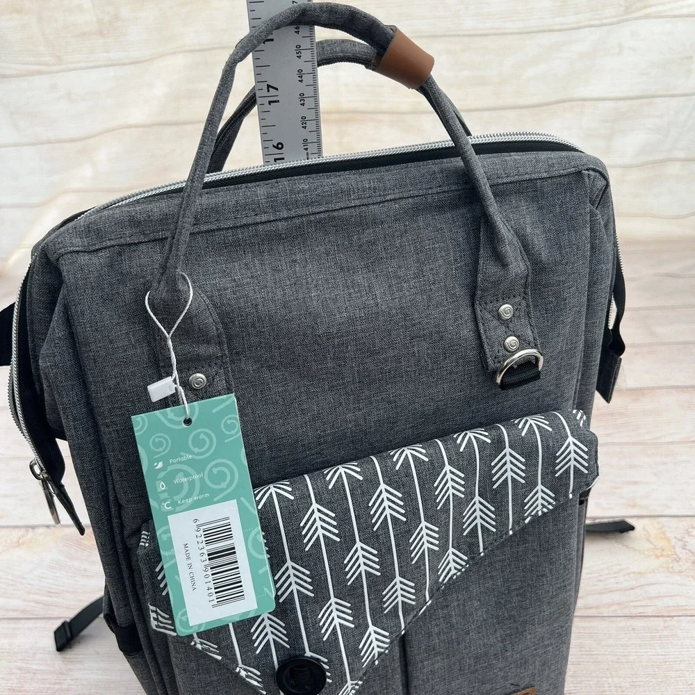 Lekebaby NWT Gray Arrow Pattern Diaper Bag Backpack Wide Open Travel Large